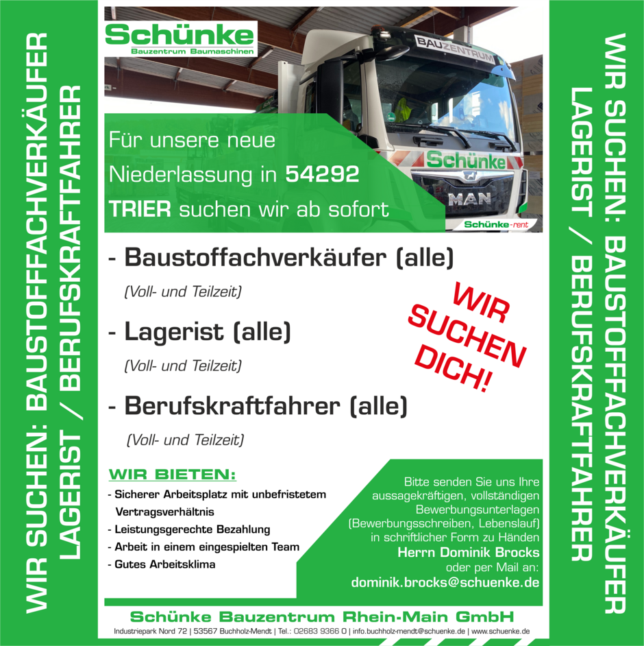 Stellenanzeigen Schünke Bauzentrum Baumaschinen